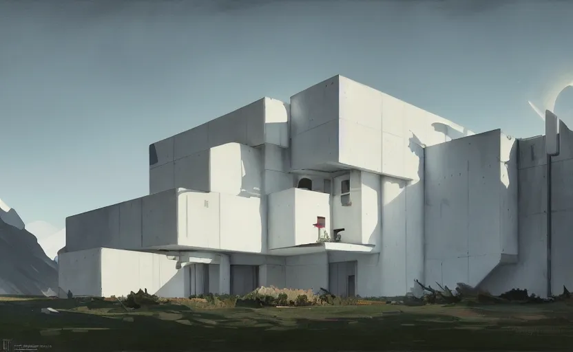 Prompt: painting of a wide angle exterior shot of a white brutalist architecture house with cinematic lighting by zaha hadid and peterzumthor, darek zabrocki and greg ruthkowski, alphonse mucha, simon stalenhag and cinematic and blue cold atmospheric, archillect concept art, artstation, trending on artstation