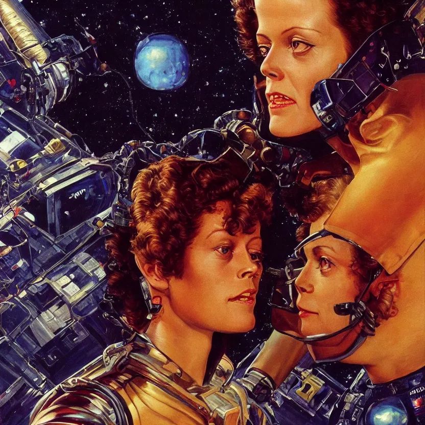 Image similar to close - up portrait of retrofuturistic young sigourney weaver in space. reflective detailed textures. soft gloomy dark background. highly detailed fantasy science fiction painting by moebius, norman rockwell, frank frazetta, and syd mead. rich colors, high contrast. artstation