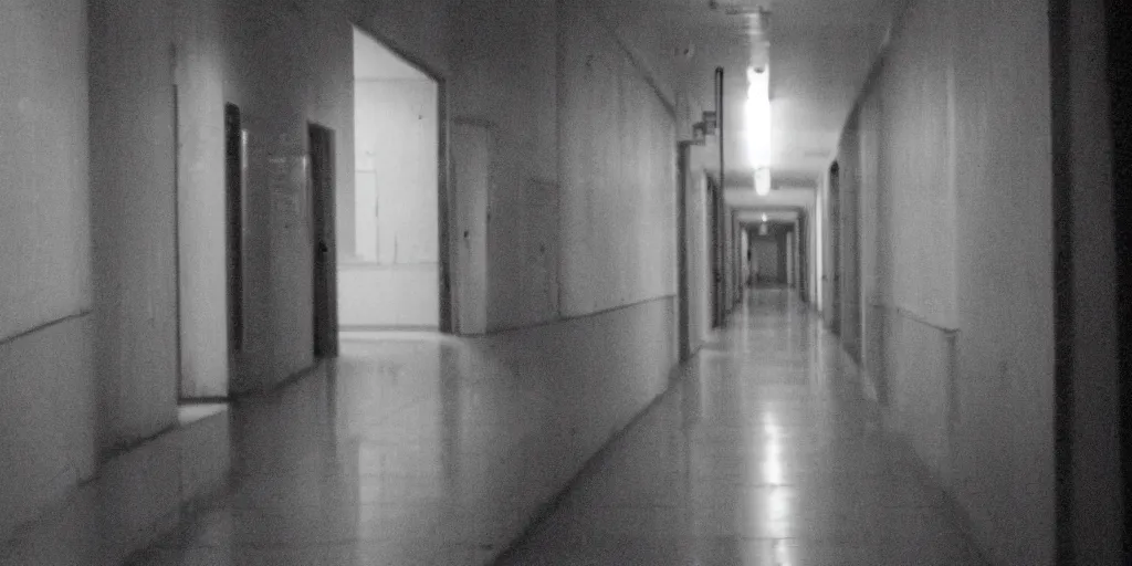 Prompt: Liminal space, lengthy hallway, obscured figure in the distance, uneasy atmosphere