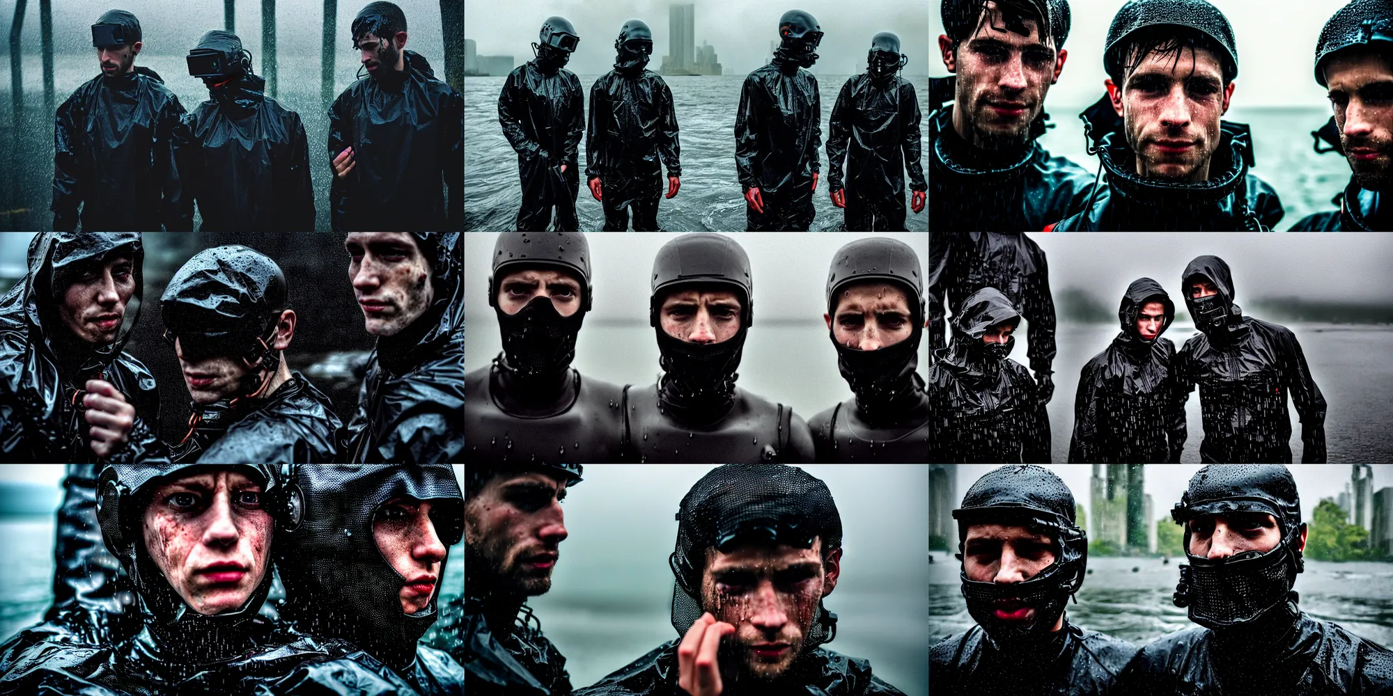 Prompt: cinestill 5 0 d candid photographic portrait by helen levitt of two handsome looking cyborgs wearing rugged black mesh techwear in treacherous waters, extreme closeup, modern cyberpunk moody depressing cinematic, pouring rain, 8 k, hd, high resolution, 3 5 mm, f / 3 2, ultra realistic faces, ex machina