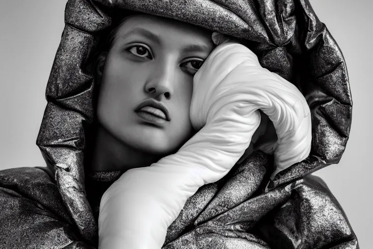 Image similar to well lit fashion shoot portrait of extremely beautiful female marble statue wearing huge over size puffer jacket by rei kawakubo, haute couture, comme de garcon, balenciaga, sharp focus, clear, detailed,, cinematic, detailed, black, glamorous, symmetrical, vogue, editorial, fashion, magazine shoot, glossy