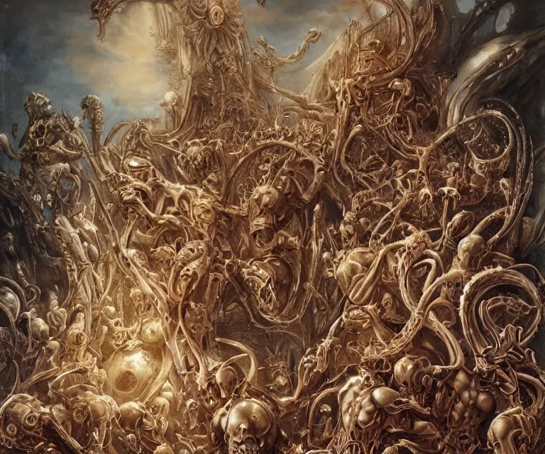 Image similar to elegant renaissance painting of biomechanical warhammer final boss bodybuilder vecna battle, art by bruce pennington and peter mohrbacher, epic biblical depiction, flesh and bones, fangs, teths and tentacles, corpses and shadows!
