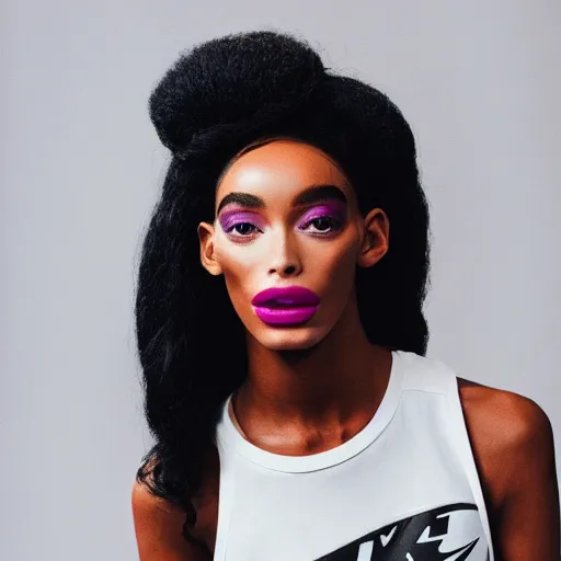 Image similar to realistic photoshooting for a new nike lookbook, vhs colour photography, portrait of model Winnie Harlow woman, in style of Tyler Mitchell, 35mm,