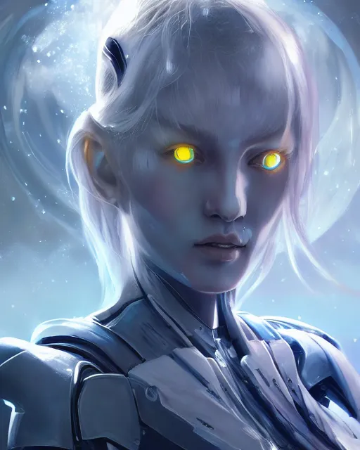 Image similar to perfect android girl on a mothership, warframe armor, beautiful face, scifi, futuristic, galaxy, raytracing, dreamy, digital painting, long white hair, blue cyborg eyes, sharp focus, intricate, highly detailed, artstation, intricate, innocent, art by gauthier leblanc, kazuya takahashi, huifeng huang