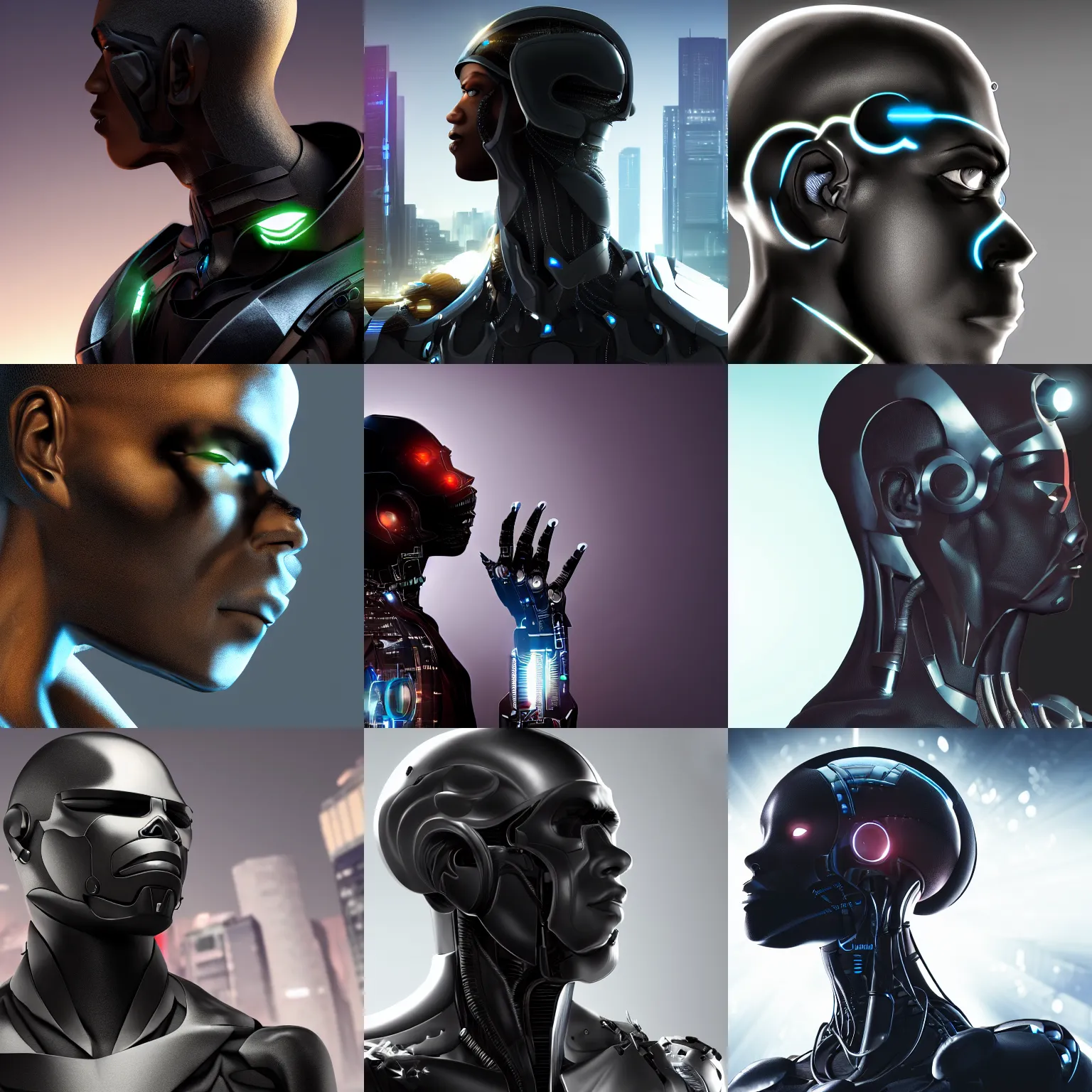 Prompt: Profile of a black cyborg male, cyberpunk biomodifications, HD 8K wallpaper, dark background unity engine