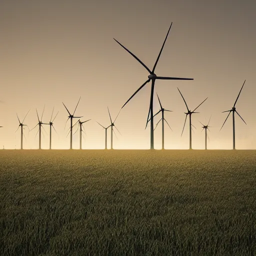 Image similar to A row of giant windmills in a field at midnight, octane render, volumetric lighting, 4K, cinematic