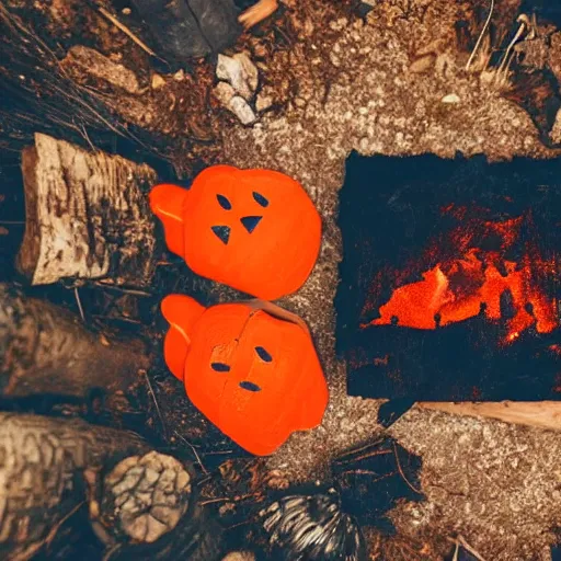 Prompt: book near a campfire, spooky forest background burnt orange and navy hues, highly detailed, dslr