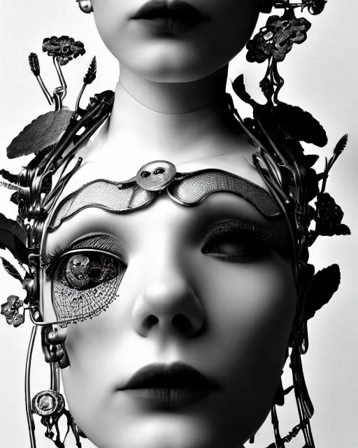 Prompt: black and white dreamy foggy smoky profile face portrait, one silver steampunk eye biomechanical beautiful young female cyclope - cyborg - robot bust, body ribs meshes,, volumetric light, hibiscus flowers, rim light, by hg giger and cecile beaton, big gothic fashion pearl embroidered collar, 8 k