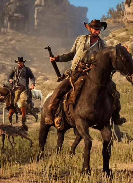 Image similar to a still from Red Dead Redemption 3 where every character is an animal