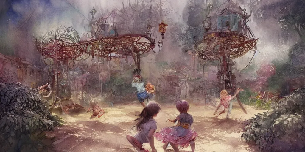 Prompt: a beautiful insanely detailed intricate watercolor illustration of childs playing in a playground, colorfull, by william turner art, by greg rutkowski, by james jean, by rossdraws, by frank franzzeta, by sakimichan, by edmund dulac, trending on artstation, insanely detailed, masterpiece,