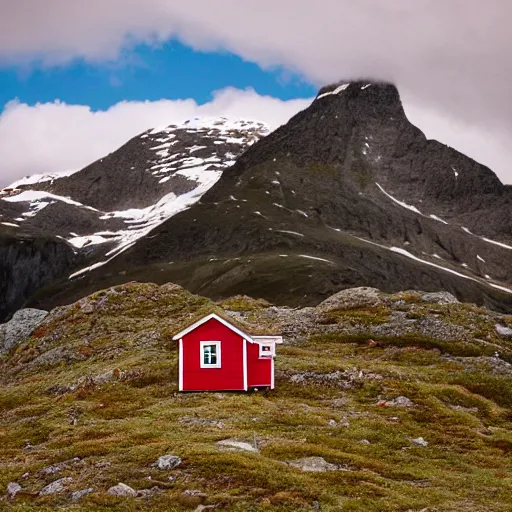 Image similar to a tiny red house perched on the summit of a glaciated mountain