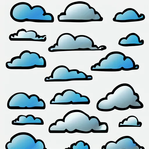 Prompt: set of white clouds clipart vector design illustration. white cloud, cloudy, drawing, icon set. vector clipart print