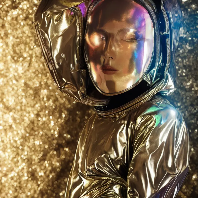 Image similar to octane render portrait by wayne barlow and carlo crivelli and glenn fabry, subject is a woman covered colorful skintight aluminum foil space suit with a iridescent metallic space helmet, inside a dark and moody cinema with projected light, cinema 4 d, ray traced lighting, very short depth of field, bokeh