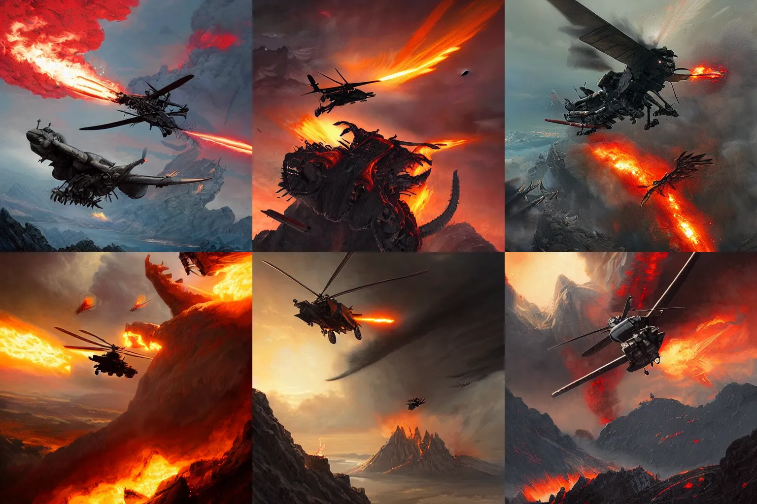 Prompt: Apache Helicopter fighting a Balrog over Mordor, Greg Rutkowski, detailed