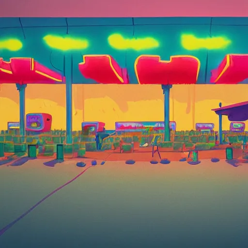 Image similar to psychedelic fast food restaurant near the beach by simon stalenhag