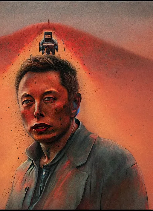 Image similar to A painting of Elon Musk in style of Beksinski. Very detailed