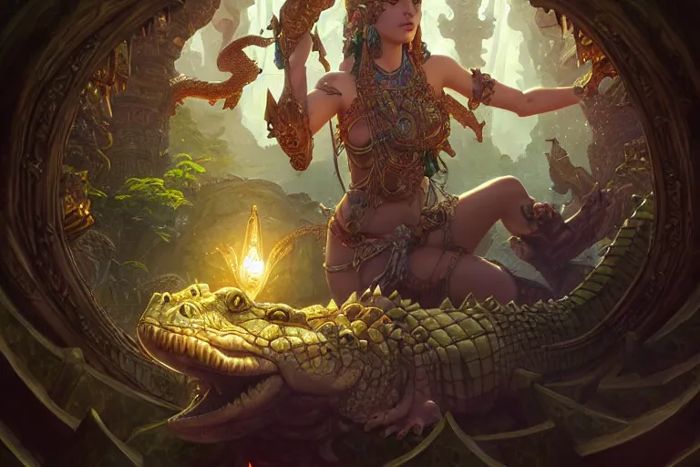 Image similar to crocodile god temple, dark water, gemstones and treasures, deep focus, d & d, fantasy, intricate, elegant, highly detailed, digital painting, artstation, concept art, matte, sharp focus, illustration, hearthstone, art by artgerm and greg rutkowski and alphonse mucha