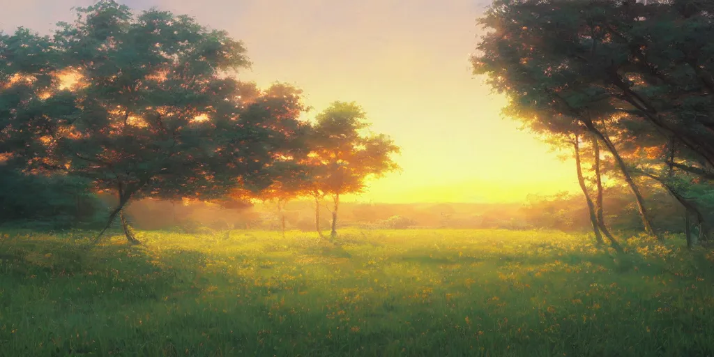 Prompt: an extraordinarily beautiful oil painting of a landscape in spring during sunset ; the most beautiful painting in the world ; by makoto shinkai