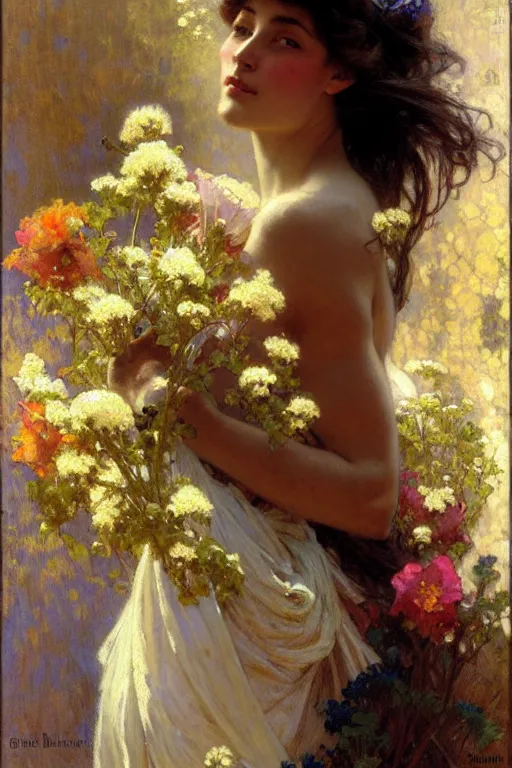 Image similar to attractive woman holding flowers, painting by gaston bussiere, craig mullins, greg rutkowski, alphonse mucha