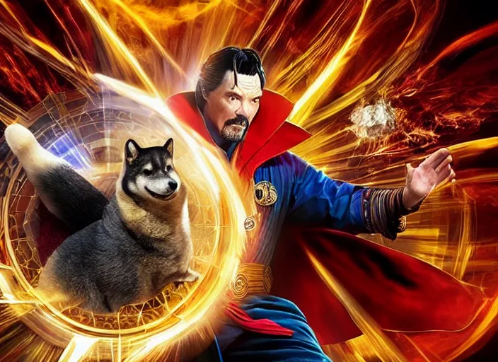 Image similar to dr. strange casting a shield spell in the metaverse with a shiba inu samurai at his feet, hyper realistic, highly detailed, perfect face, smooth, focus