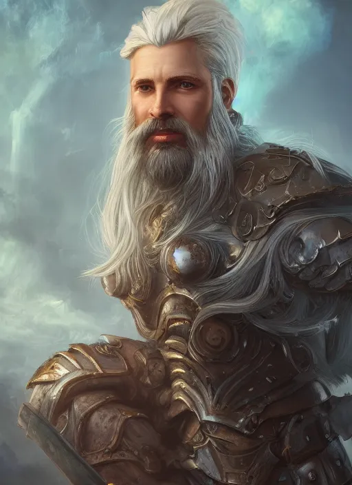 Prompt: an epic fantastic realism style portrait painting of an aasimar paladin, male, silver hair, short brown beard, d & d concept art, unreal 5, daz, teal aesthetic, octane render, centered in frame, cosplay, rpg portrait, dynamic lighting