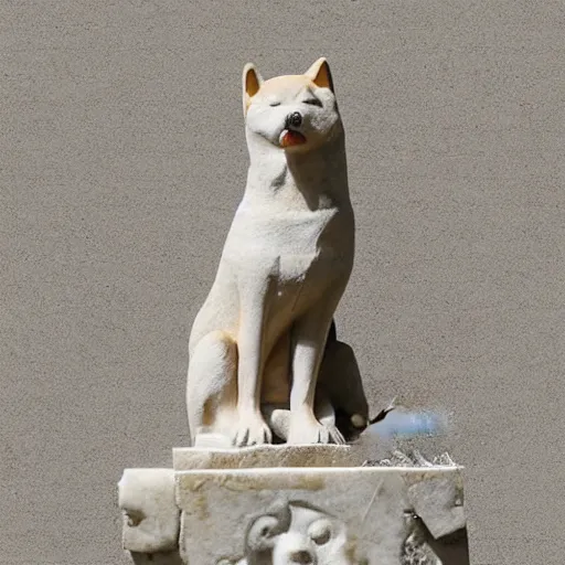 Image similar to an ancient greek sculpture of a shiba inu in marble, close up photo, ultra realistic, studio photo, bokeh. intricate details.