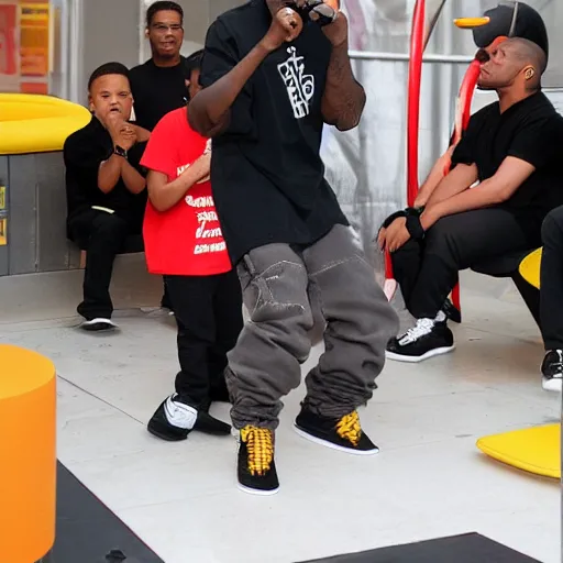 Image similar to kanye west performing a concert in a mcdonalds playplace