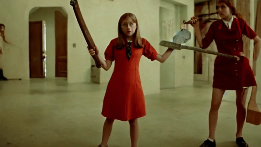 Image similar to A girl in a mod dress holding an axe confronts the monster, Film still from Wes Anderson, wide lens