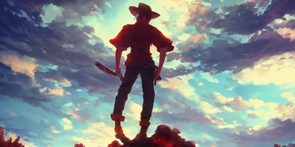 Image similar to isekai masterpiece anime man standing tree log looking up at colossal cyan crystals, high noon, cinematic, very warm colors, intense shadows, ominous clouds, anime illustration, anime screenshot composite background by mandy jurgens