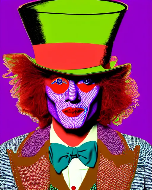 Image similar to symmetrical!! highly detailed vfx portrait of the mad hatter, geometric polygons, global illumination, detailed and intricate environment by andy warhol and tristan eaton