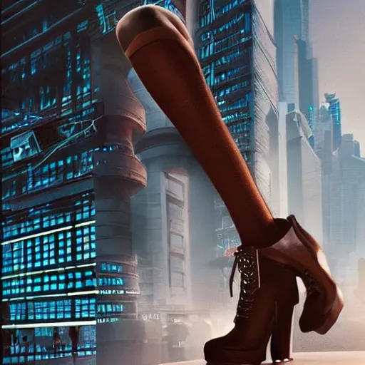 Prompt: a fashion model, creative, brown skin, digital art, photo manipulation, artstation, standing, cyberpunk, giant, street, duck shoes, up there, photoshop