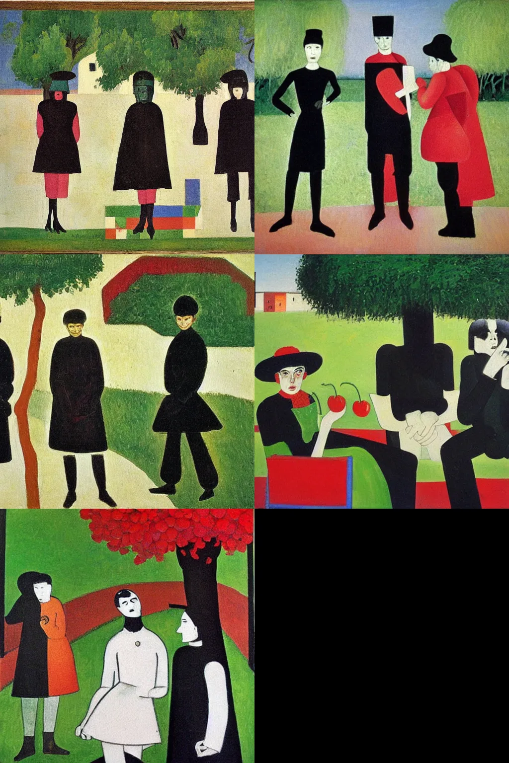 Prompt: an hd painting by kazimir malevich. three goths loitering in the shade, talking beneath a cherry tree outside a blockbuster video store.