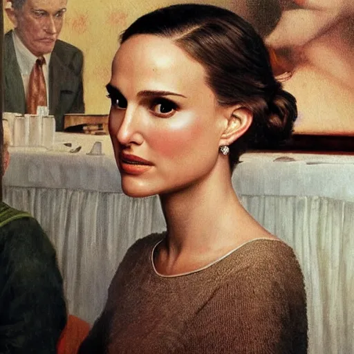 Prompt: Natalie Portman at a diner, head and shoulders portrait, extremely detailed masterpiece, Roger Deakin’s cinematography, oil on canvas, Norman Rockwell.