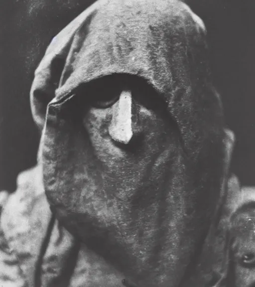 Prompt: a man at wearing hooded mask covering his entire face, distanced, ww1 film photo, grainy, high detail, high resolution