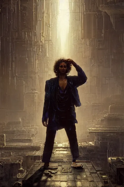 Prompt: a curly - haired persian guy neuromancer by david a hardy, noriyoshi ohrai, gary ruddell, ( greg rutkowski ), salvador dali, moebius, makoto shinkai, highly detailed, cinematic composition, trending on artstation