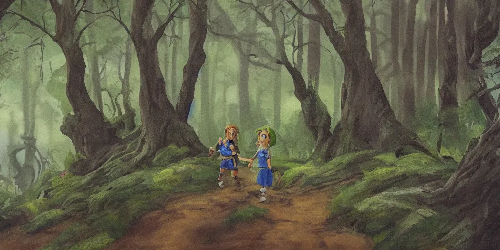 Image similar to painting of young link and tatl entering an old!!! forest temple full of green trees and plants, under a gray foggy sky