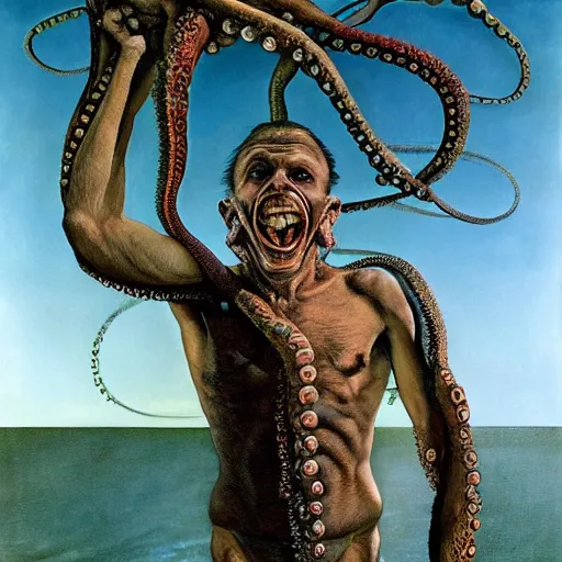 Prompt: full body portrait of a man shirtless muscular man wearing an octopus as jewelry, hairy torso, 5 o'clock shadow, by Andrew Wyeth, Yoshitaka Amano, Peter Gric, Pablo Amaringo, and HR Giger