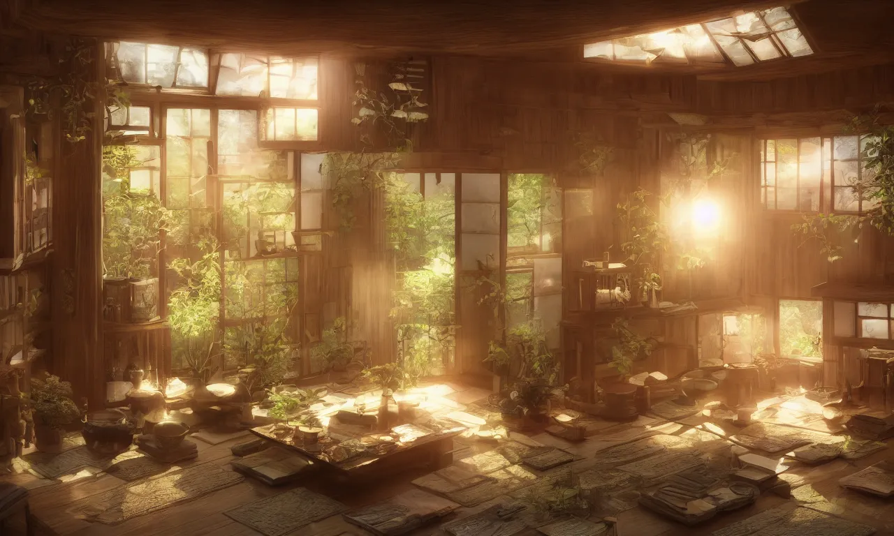 Prompt: interior view of a magical Japanese herbalist cottage, waxy candles, books, wood furnishings, light bloom, dust, ambient occlusion, rays of light coming through windows, trending on artstation