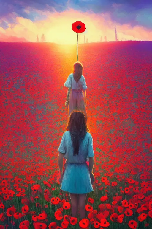 Image similar to closeup, giant poppy flower head, girl standing in a field of flowers, surreal photography, sunrise, blue sky, dramatic light, impressionist painting, digital painting, artstation, simon stalenhag