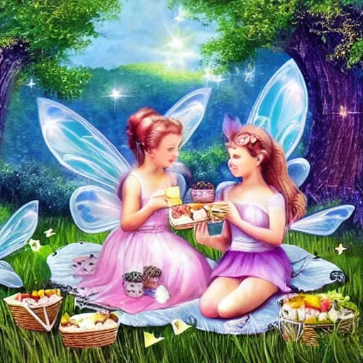 Prompt: fairies having a picnic in a heavenly meadow