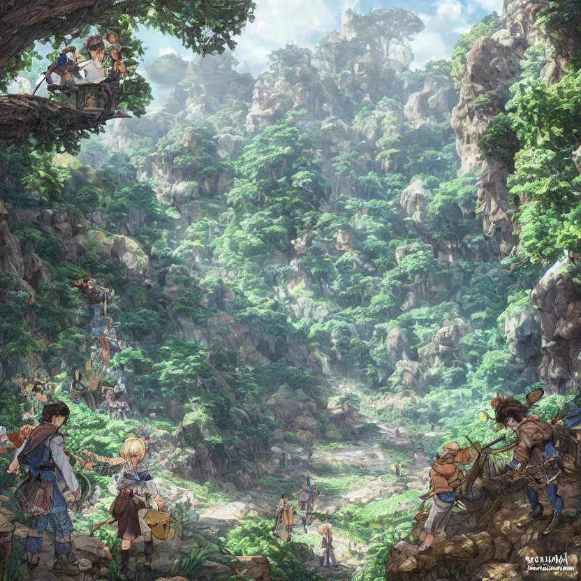 Prompt: standing and waiting just means we'll be showered by more boulders. get ready on the double! hyperrealistic anime illustration by iralki nadar, extremely detailed, intricate linework, super sharp focus, bright colors, octopath traveler, studio ghibli, unreal engine 5 highly rendered, global illumination, radiant light, detailed and intricate environment