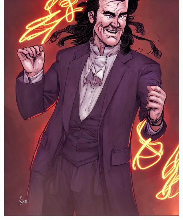 Image similar to a fantasy comic - style full portrait of a gambler who looks like norm macdonald, digital illustration by jenny frison and sana takeda and kentaro miura, fine inking lines, vivid colors, dnd, highly detailed!, hd, 4 k, trending on artstation