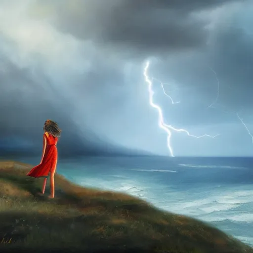 Image similar to A painting of a girl standing on a mountain looking out an approaching storm over the ocean, smooth, dramatic lighting, wind blowing, ocean mist, lightning, artstation