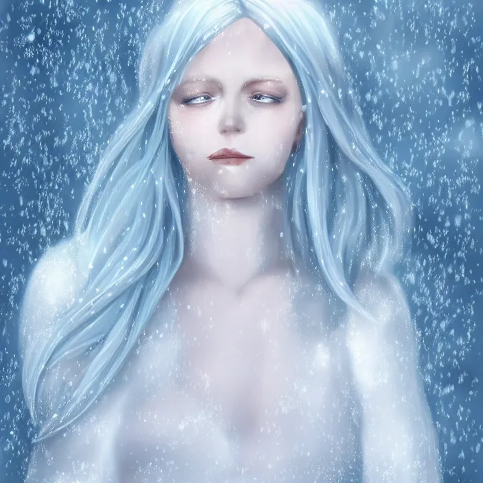 Image similar to full body portrait of a woman with pale blue hair wearing a long white dress made out of snowflake in the middle of a heavy snowstorm. she looks almost dead because of how pale she is. digital art by maromi sagi