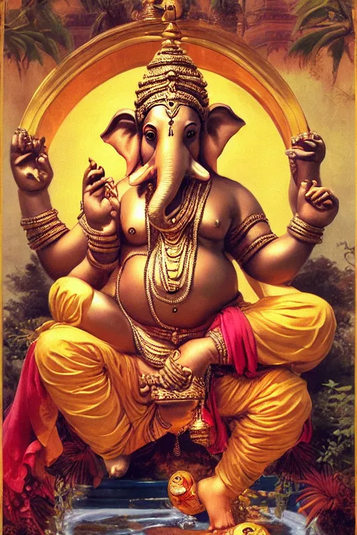 Prompt: Lord Ganesha, golden hour, near a tropical pool, artstation, by J. C. Leyendecker and Peter Paul Rubens,