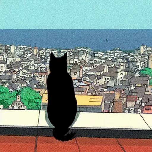 Prompt: a black cat fursona looking out over a city, Miyazaki, studio ghibli