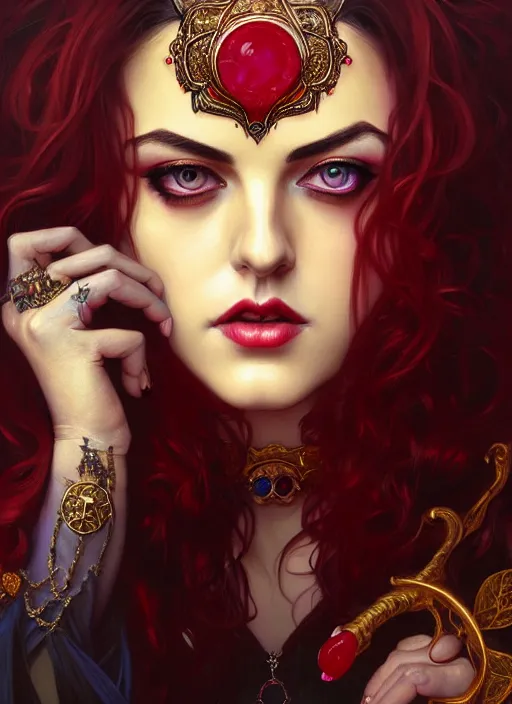 Prompt: psychedelic portrait of elizabeth gillies as a vampire lord, jewelry, greek, ruby, intricate, headshot, highly detailed, digital painting, artstation, concept art, sharp focus, cinematic lighting, illustration, art by artgerm and greg rutkowski, alphonse mucha, cgsociety