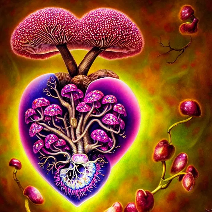 Prompt: extremely psychedelic organic human heart made of orchid and cherry blossom tree and mushroom, LSD heart, diffuse lighting, fantasy, intricate, elegant, highly detailed, lifelike, photorealistic, digital painting, artstation, illustration, concept art, smooth, sharp focus, art by John Collier and Albert Aublet and Krenz Cushart and Artem Demura and Alphonse Mucha