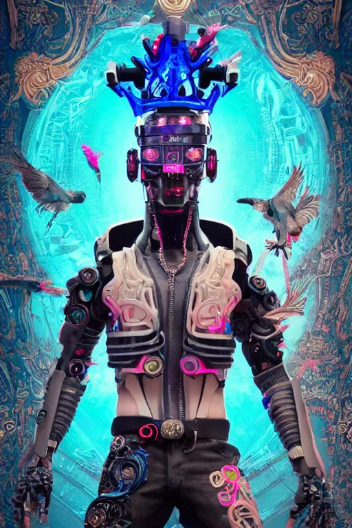 Image similar to full-body cyberpunk style sculpture of a young handsome Colombian prince half android with a chest opening exposing circuitry and electric sparks, glowing pink eyes, crown of blue flowers, flowing salmon-colored silk, fabric, raptors. baroque elements. full-length view. baroque element. intricate artwork by caravaggio. many many birds birds on background. Trending on artstation, octane render, cinematic lighting from the right, hyper realism, octane render, 8k, depth of field, 3D