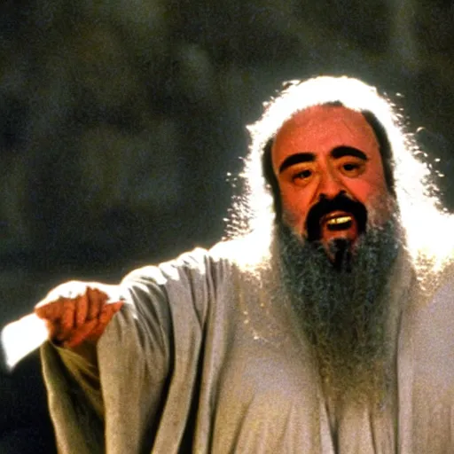 Prompt: film still of luciano pavarotti as gandalf in balrog scene in lord of the rings 2 0 0 1